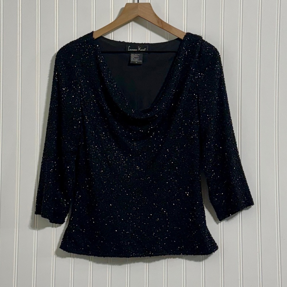 Laurence Kazar Women Beaded Silk Top Medium Mob Luxe 2.0 Glamoratti Black Blouse - Picture 2 of 8